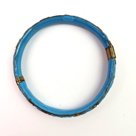 Vintage Cloissone Enameled Blue Pink Gold Floral Design Bangle Bracelet 2.35 in - Picture 4 of 9